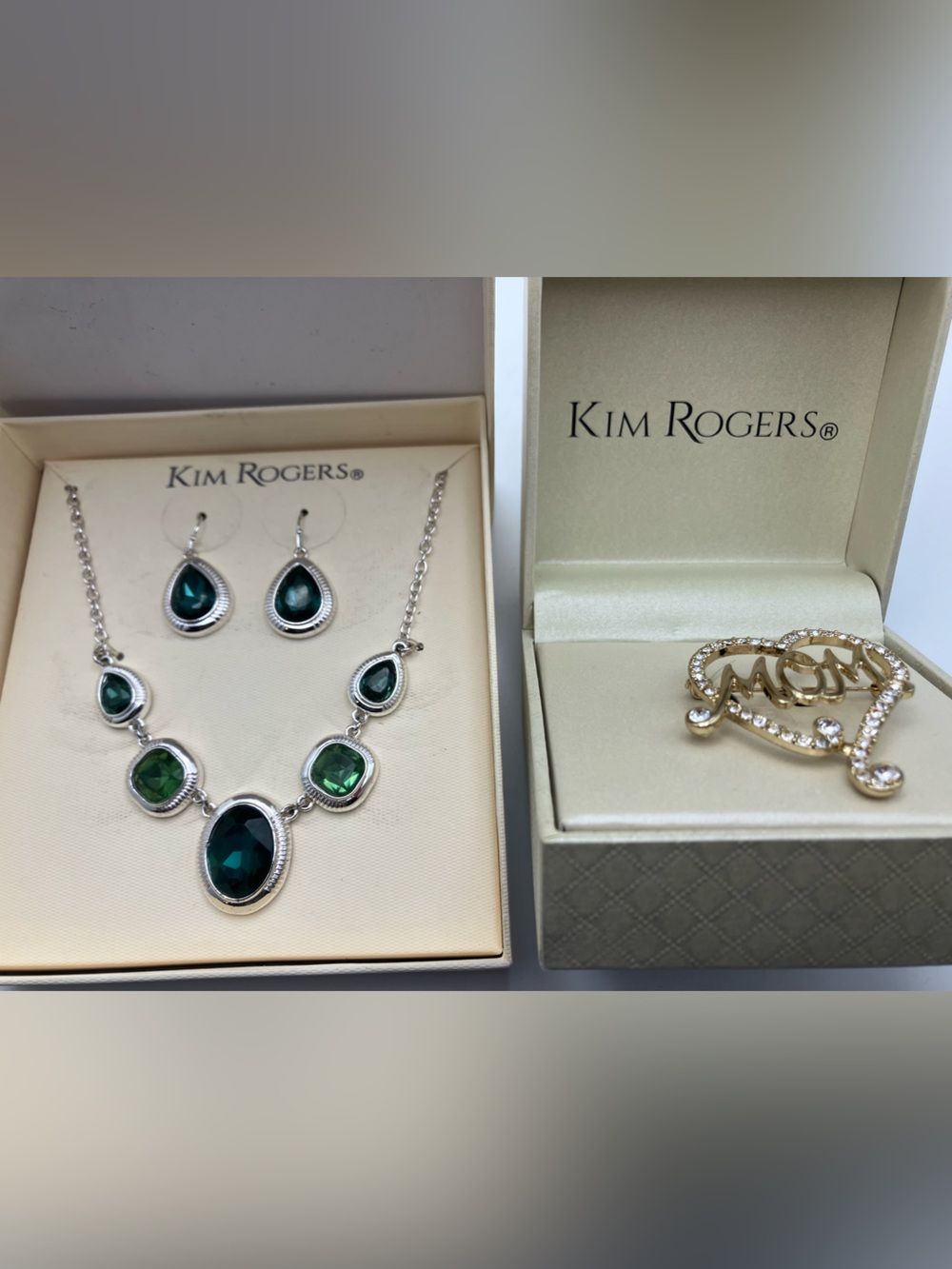 Kim Rogers Duo Silver-Tone Green Teardrop & Oval Necklace with Matching Earrings
